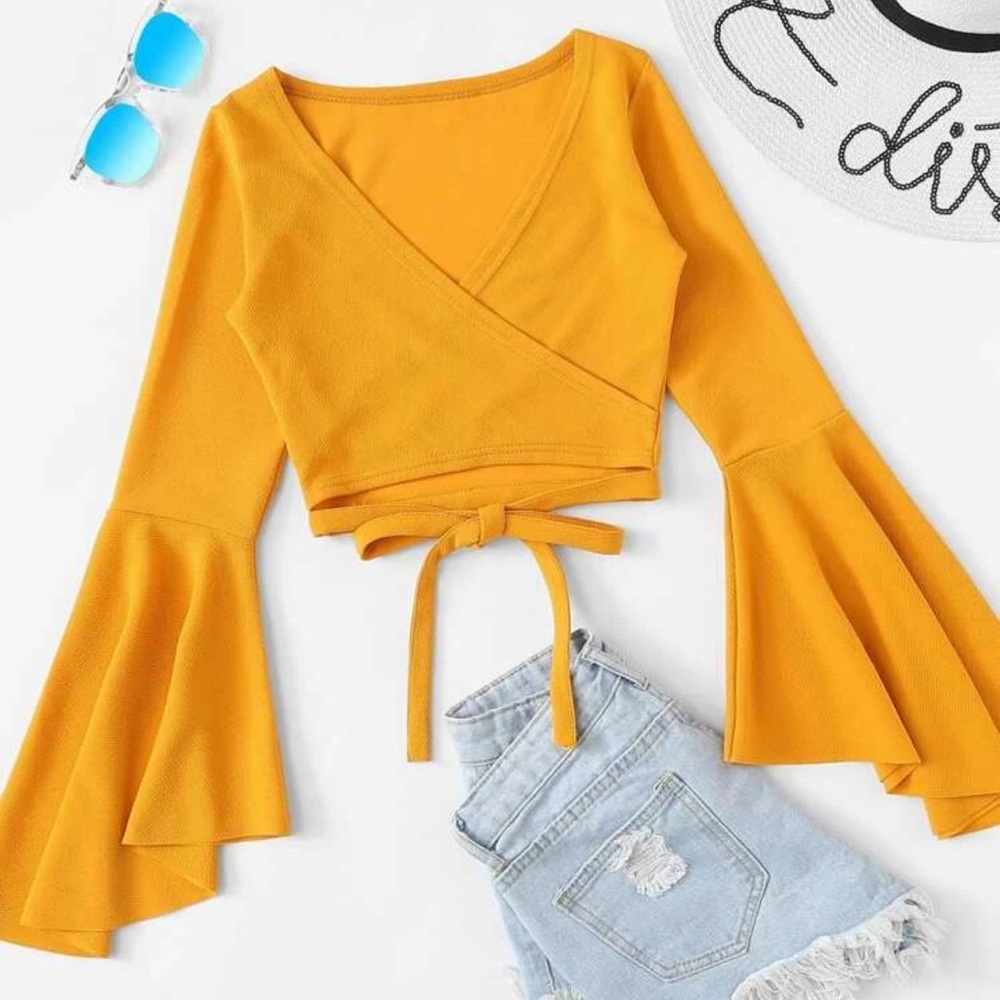 Shein, Mustard Bell Sleeve Self-Tie Croptop